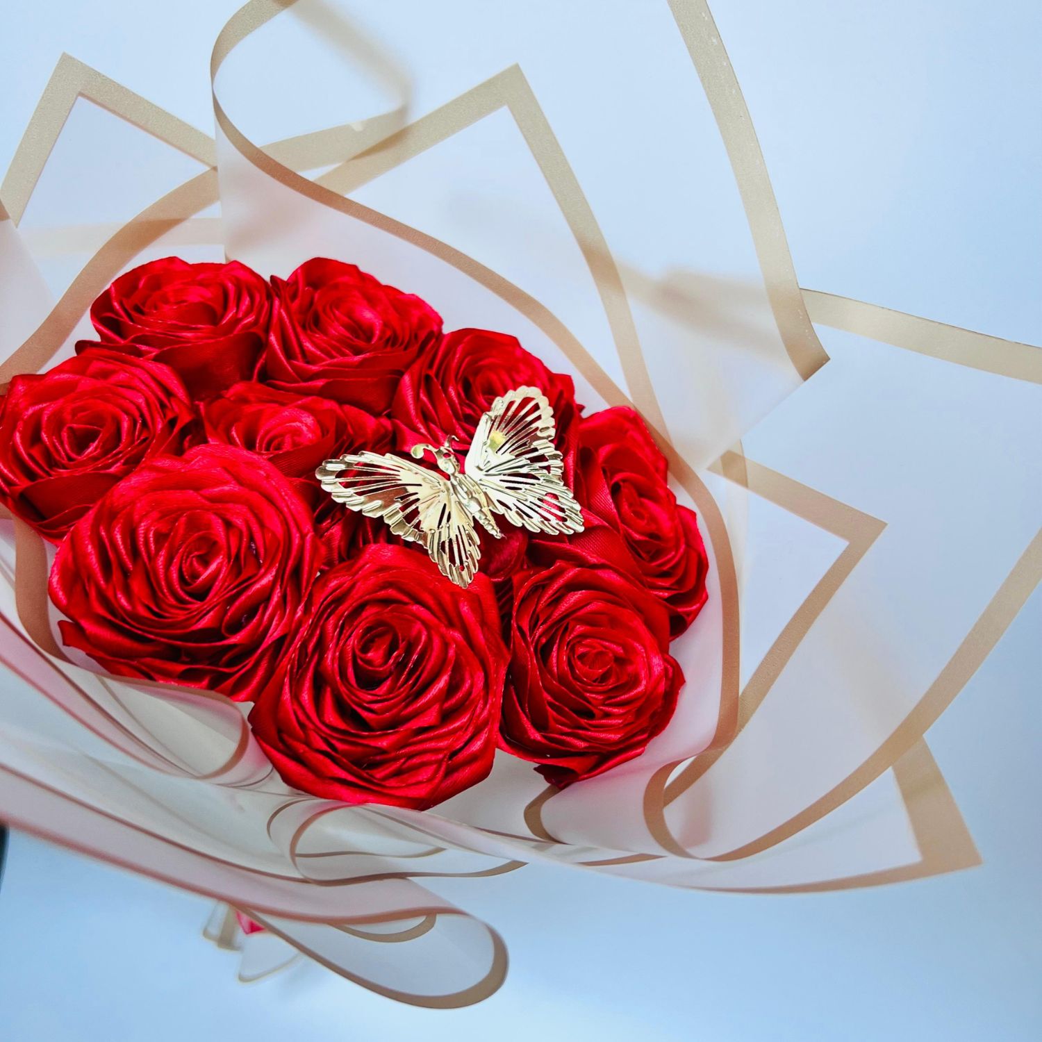 Scarlet Bloom with Golden Butterfly - Handmade bouquet