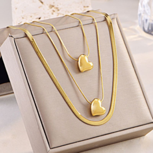 Gold plated anti tarnish layered heart and snake chain necklace