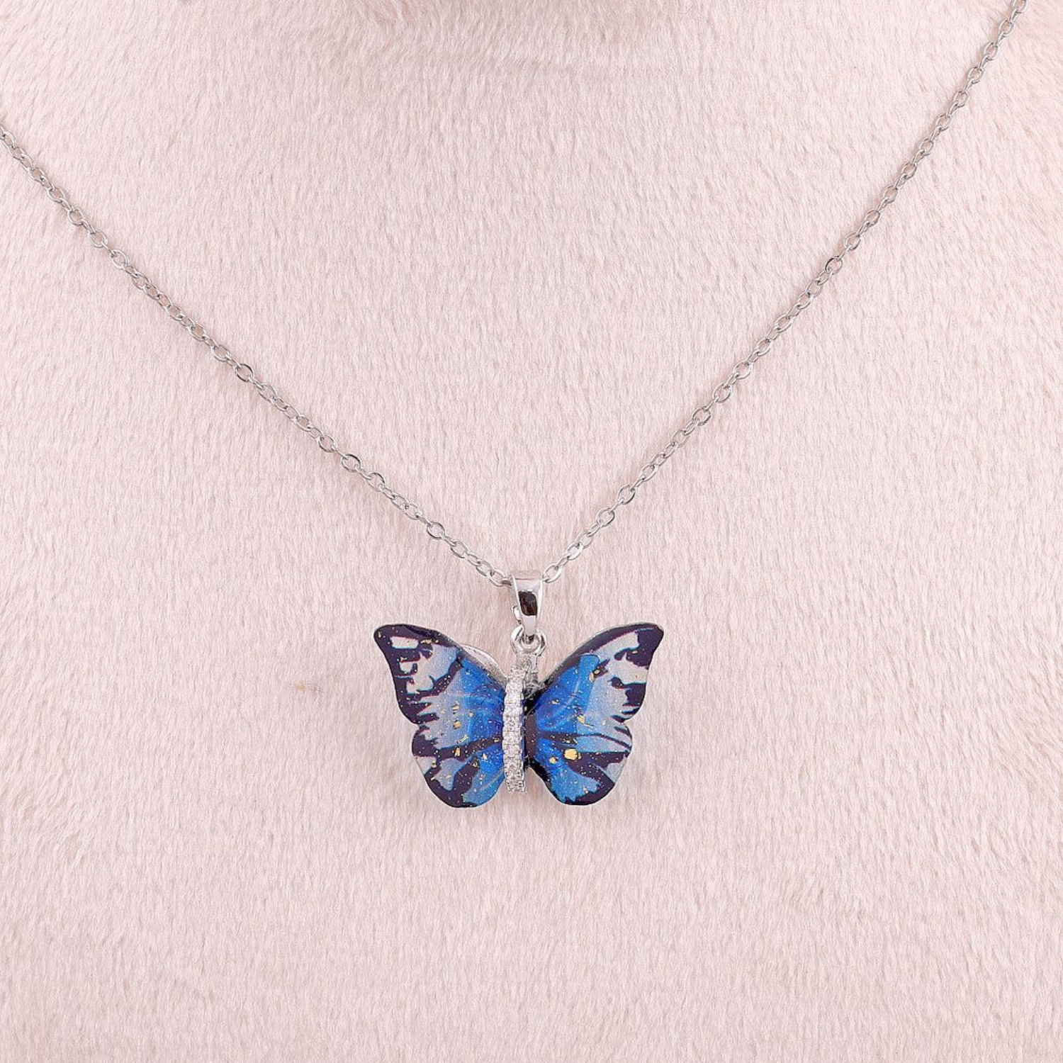 Trendy anti tarnish crystal blue butterfly pendant necklace4