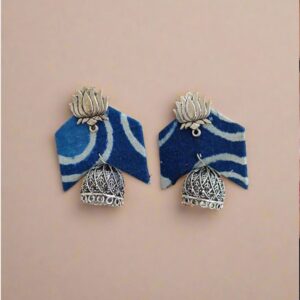 Rainvas Blue printed fabric lotus charm jhumka earrings