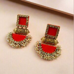 Rainvas Bright red rectangular beaded earrings for women