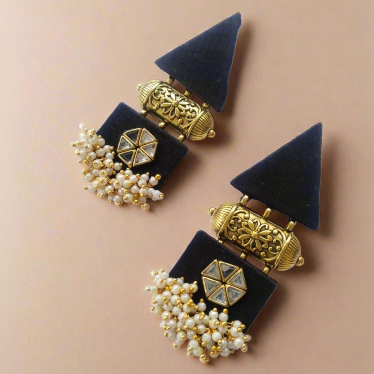 Rainvas Black and gold triangular fabric earrings