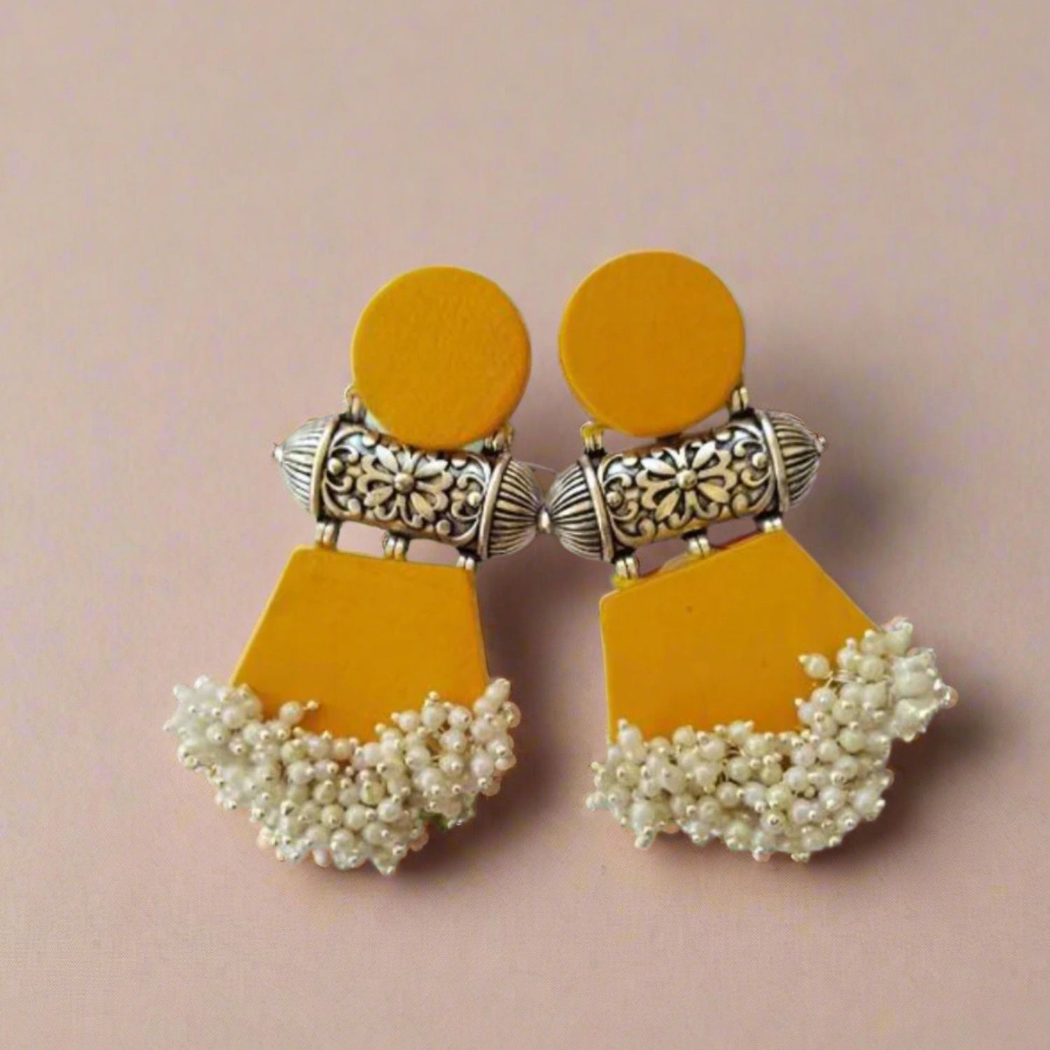 Rainvas Yellow and silver beaded long jhumka earrings