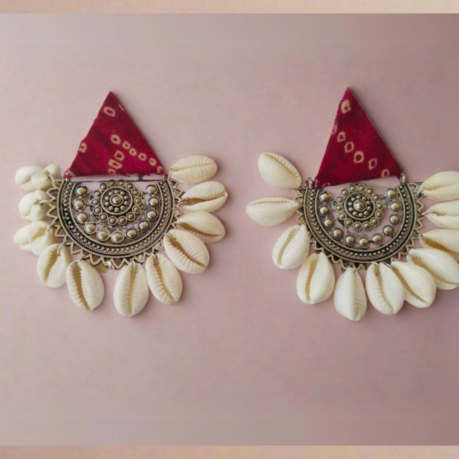Rainvas Red printed fabric earrings with shells