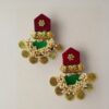 Rainvas Red maroon and green golden heavy coin earrings