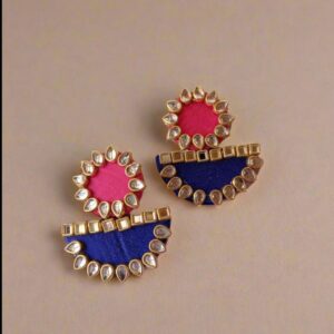Pink & Blue Kundan Fabric earing