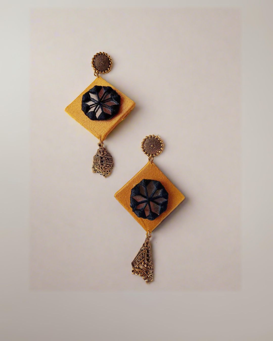 Rainvas Yellow and black mirror jhumka earrings