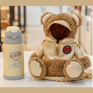 Water Bottle with Cute Teddy Carry Cover, Insulated Water Bottle with Straw and Adjustable Strap, Insulated Water Bottles for Girls for Hot & Cold Liquids, Vacuum Flask - 500 ML